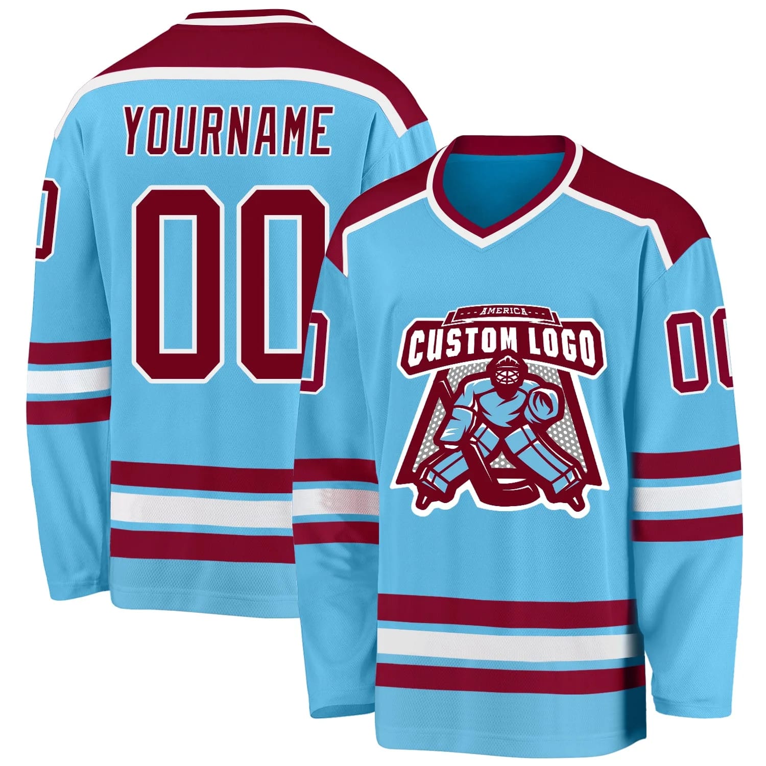 Stitched And Print Sky Blue Maroon-white Hockey Jersey Custom
