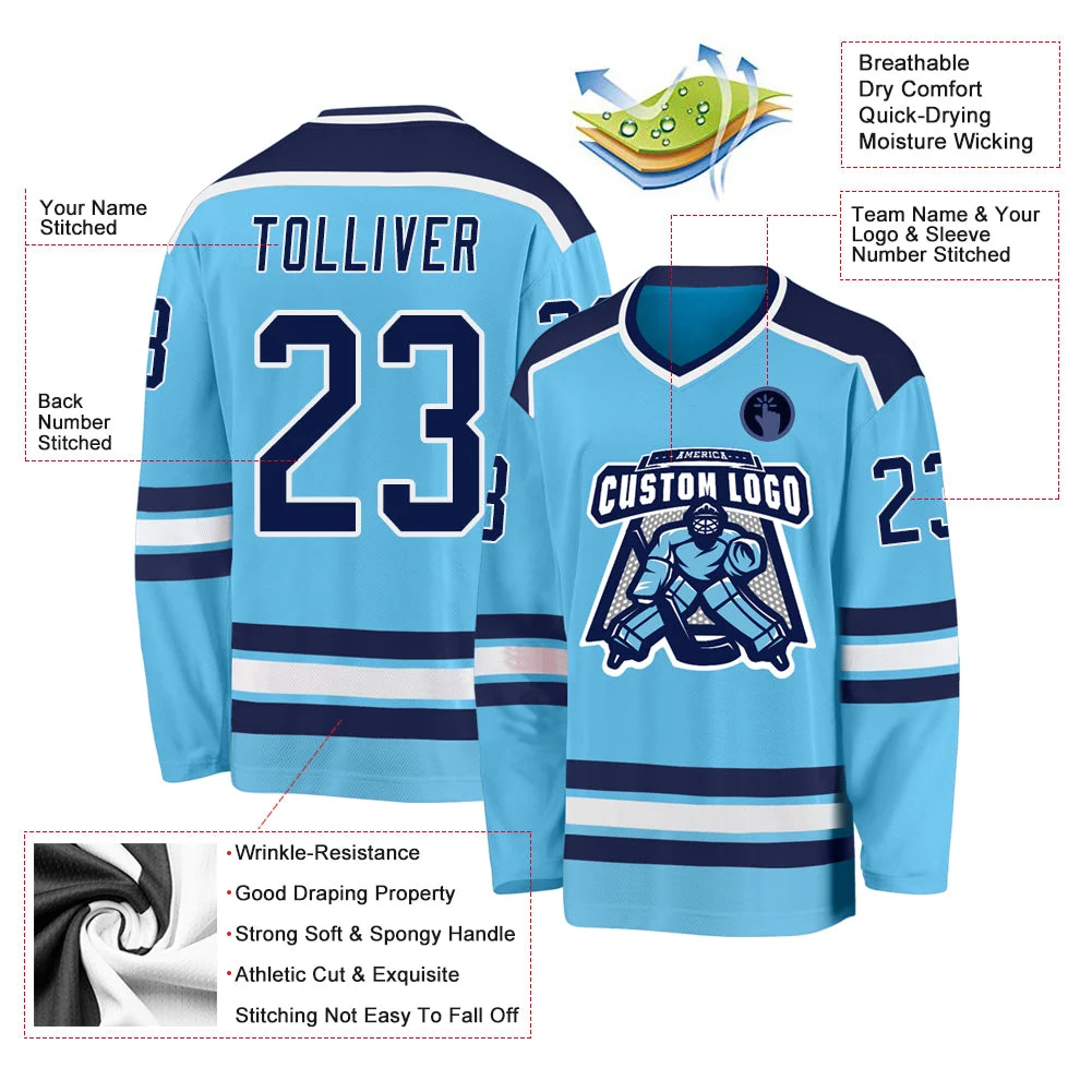 Inktee Store - Stitched And Print Sky Blue Navy-White Hockey Jersey Custom Image