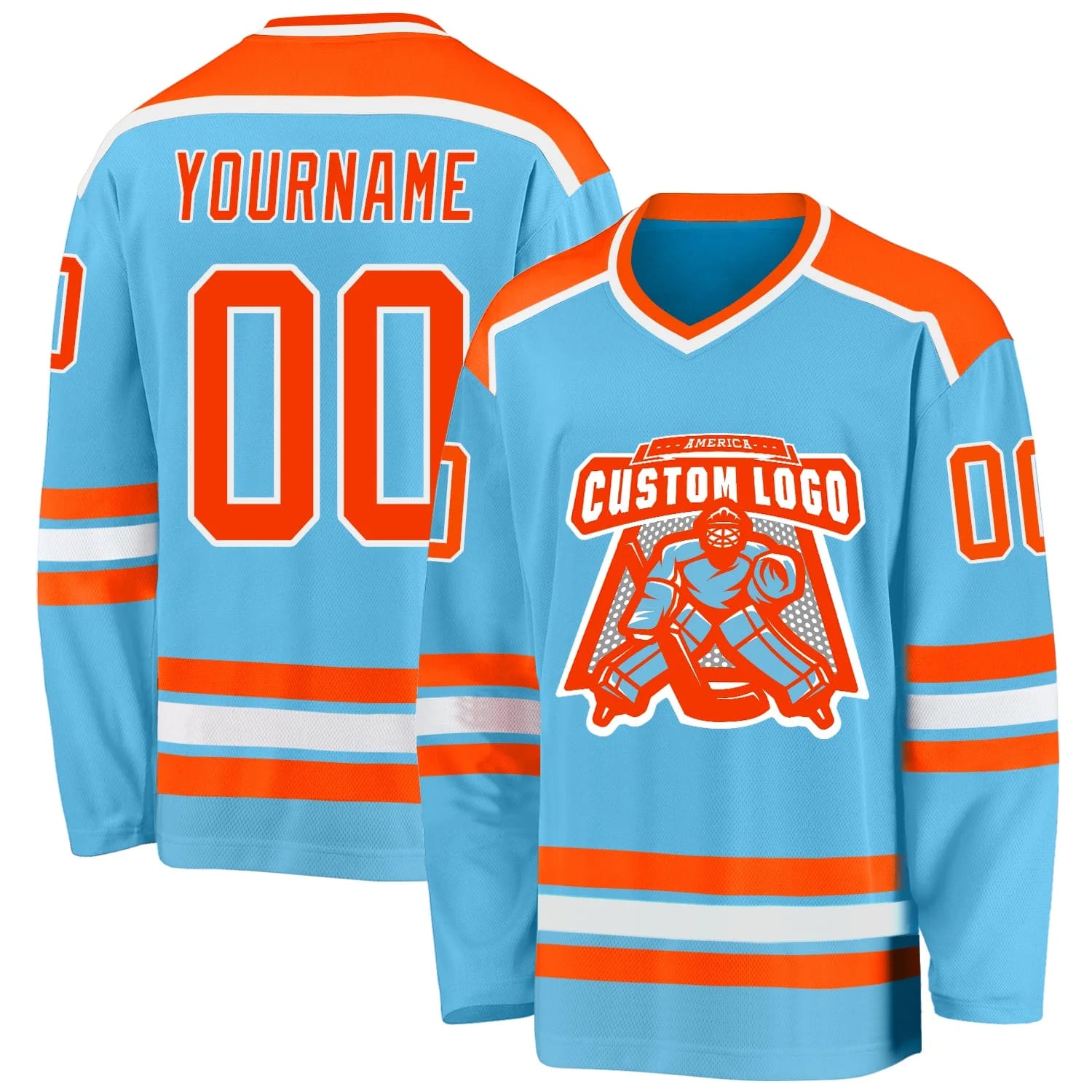 Stitched And Print Sky Blue Orange-white Hockey Jersey Custom