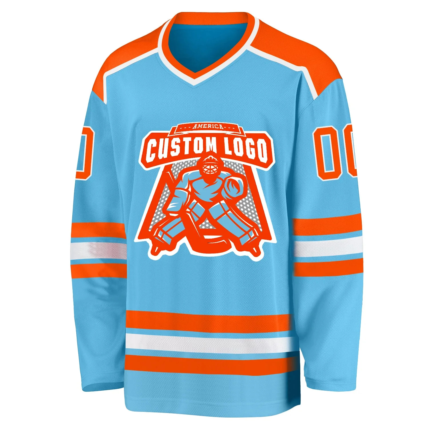 Inktee Store - Stitched And Print Sky Blue Orange-White Hockey Jersey Custom Image