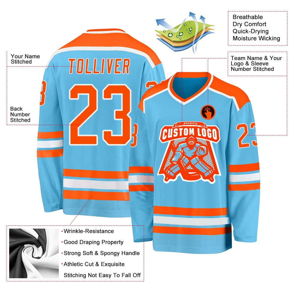 Inktee Store - Stitched And Print Sky Blue Orange-White Hockey Jersey Custom Image