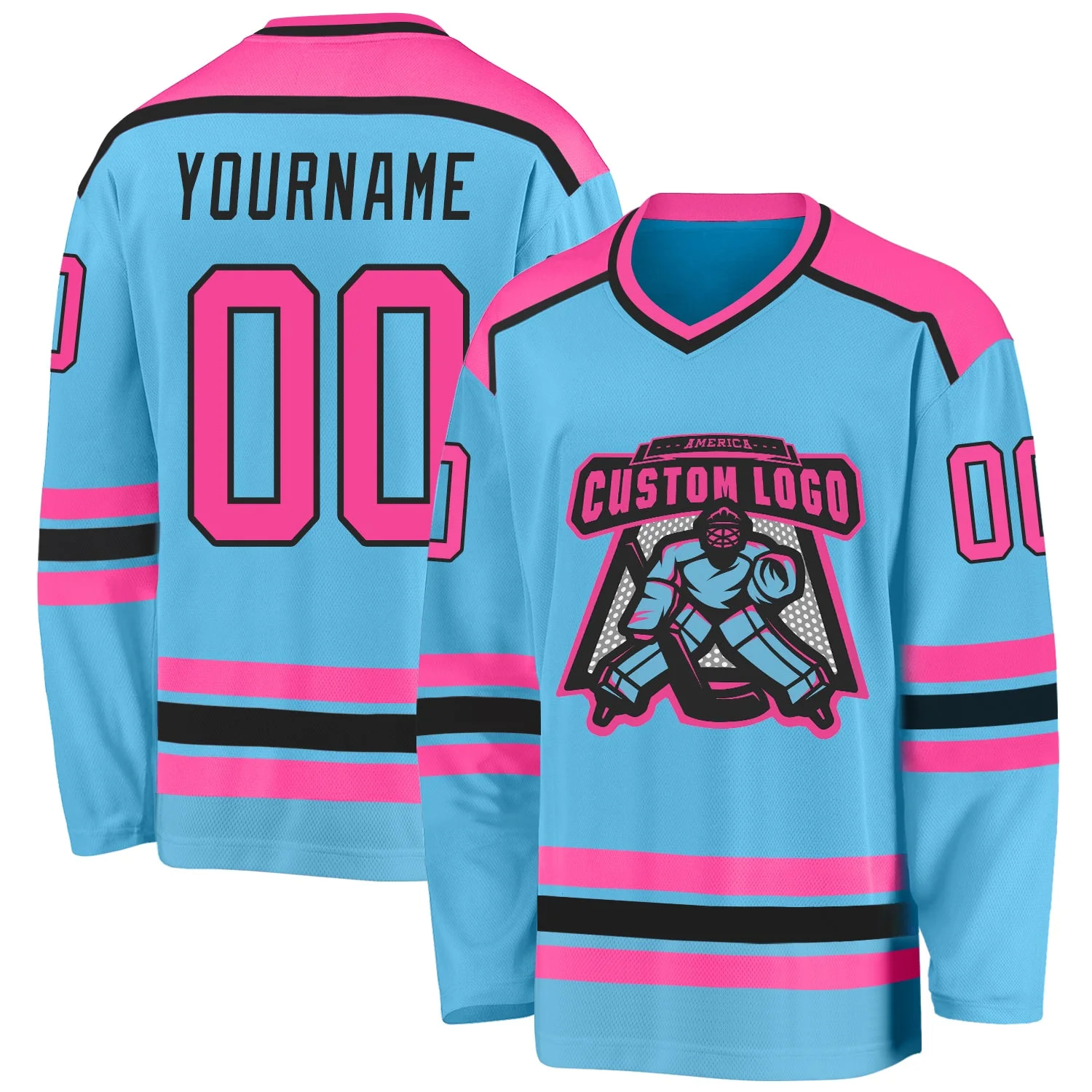 Stitched And Print Sky Blue Pink-black Hockey Jersey Custom