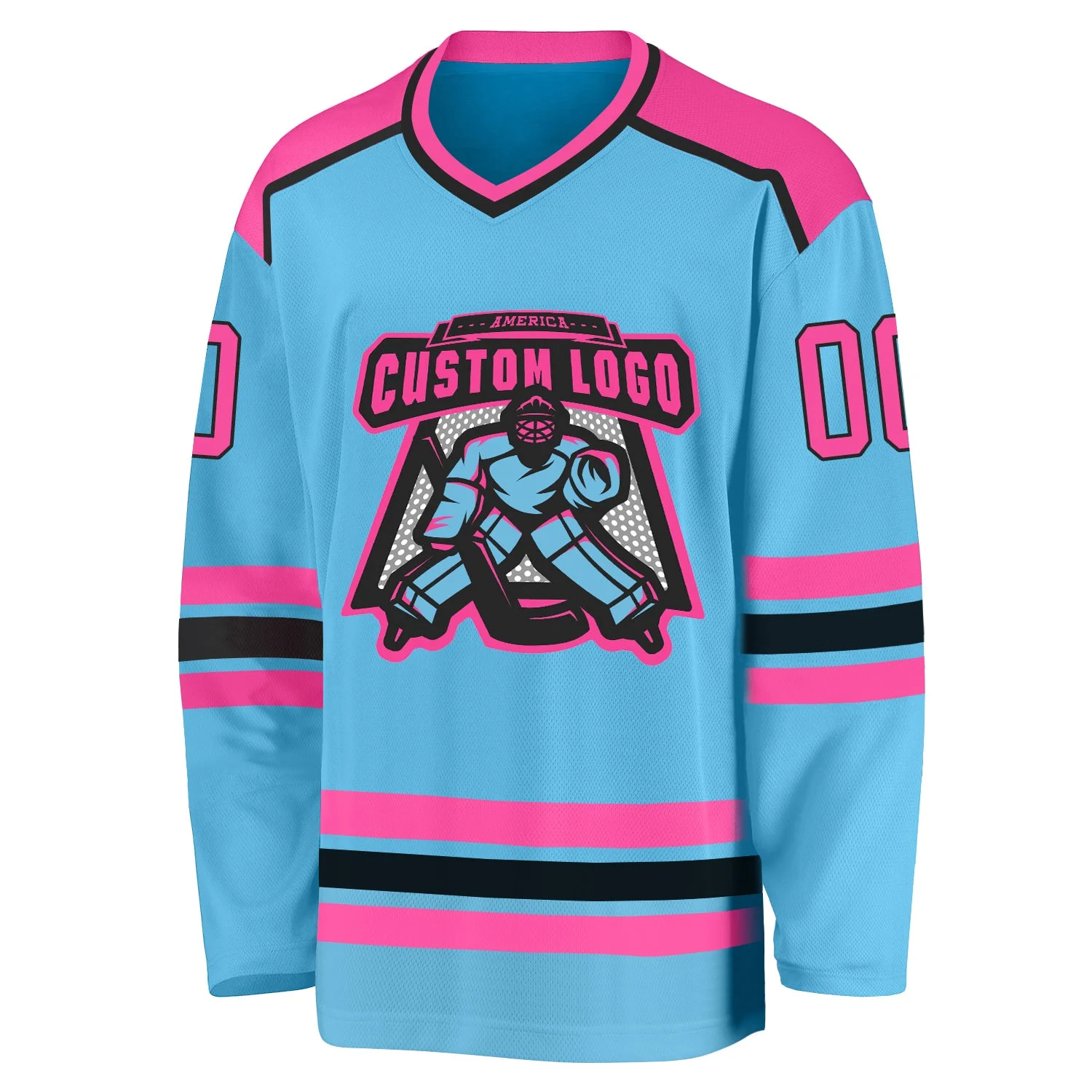 Inktee Store - Stitched And Print Sky Blue Pink-Black Hockey Jersey Custom Image