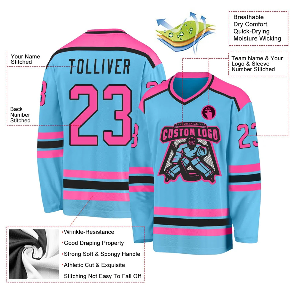 Inktee Store - Stitched And Print Sky Blue Pink-Black Hockey Jersey Custom Image