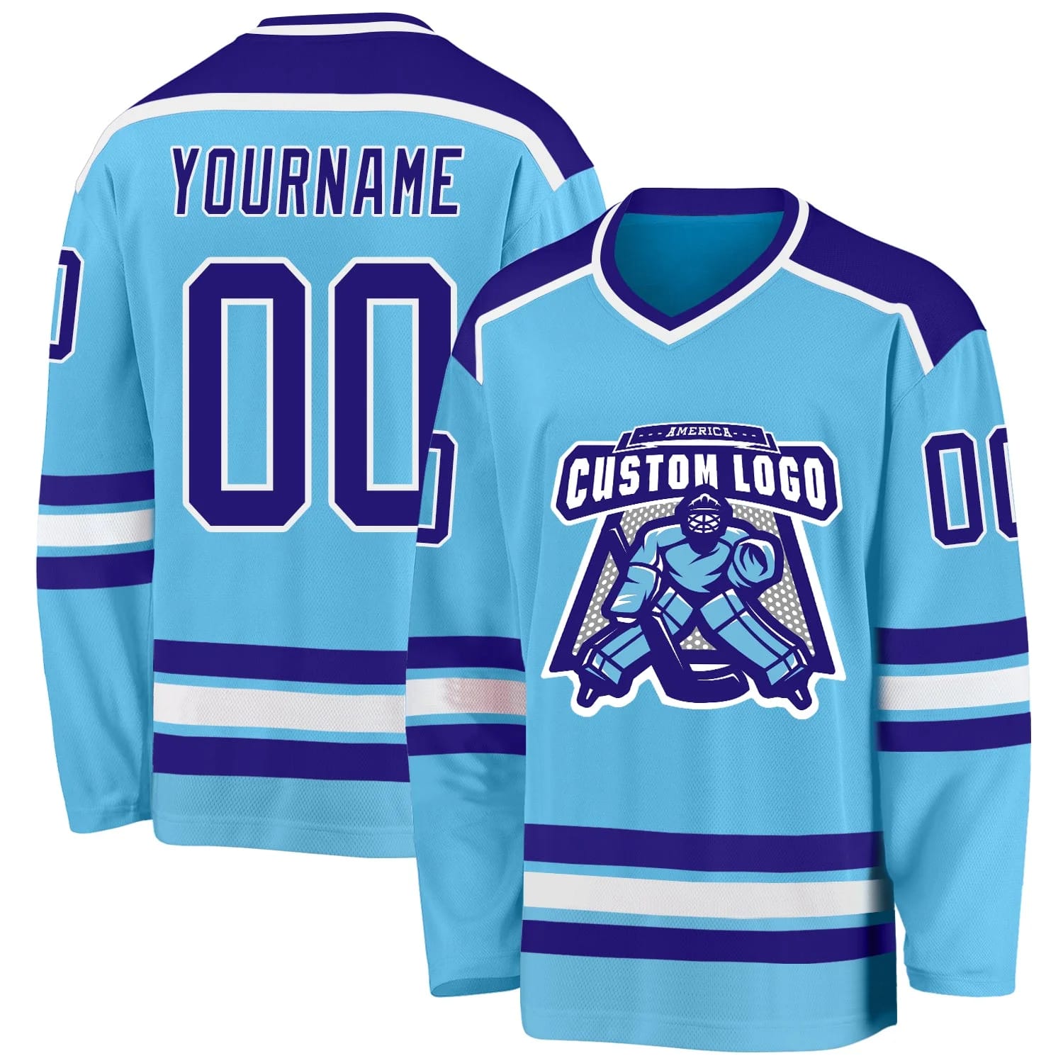 Stitched And Print Sky Blue Purple-white Hockey Jersey Custom