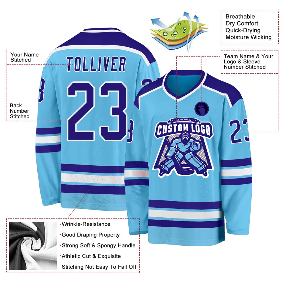 Inktee Store - Stitched And Print Sky Blue Purple-White Hockey Jersey Custom Image