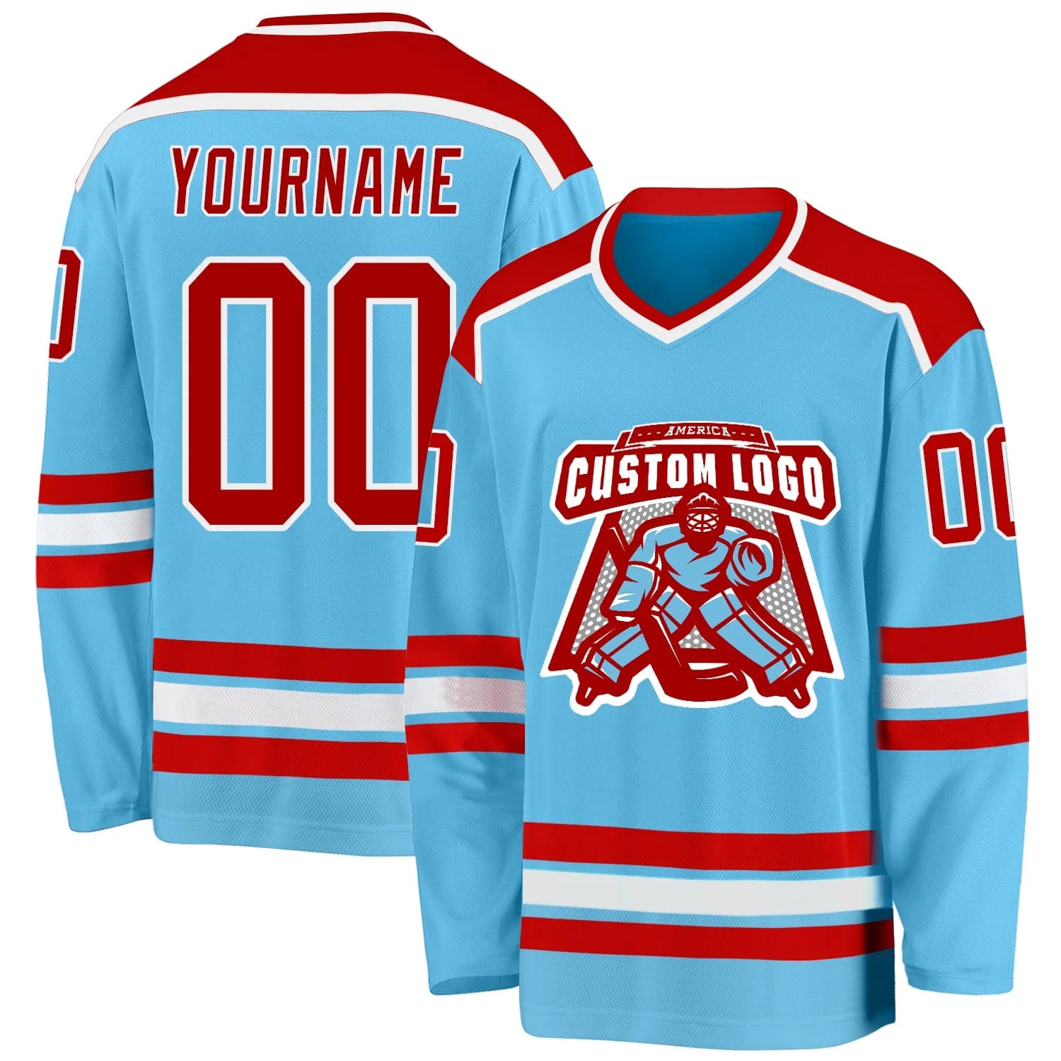 Stitched And Print Sky Blue Red-white Hockey Jersey Custom