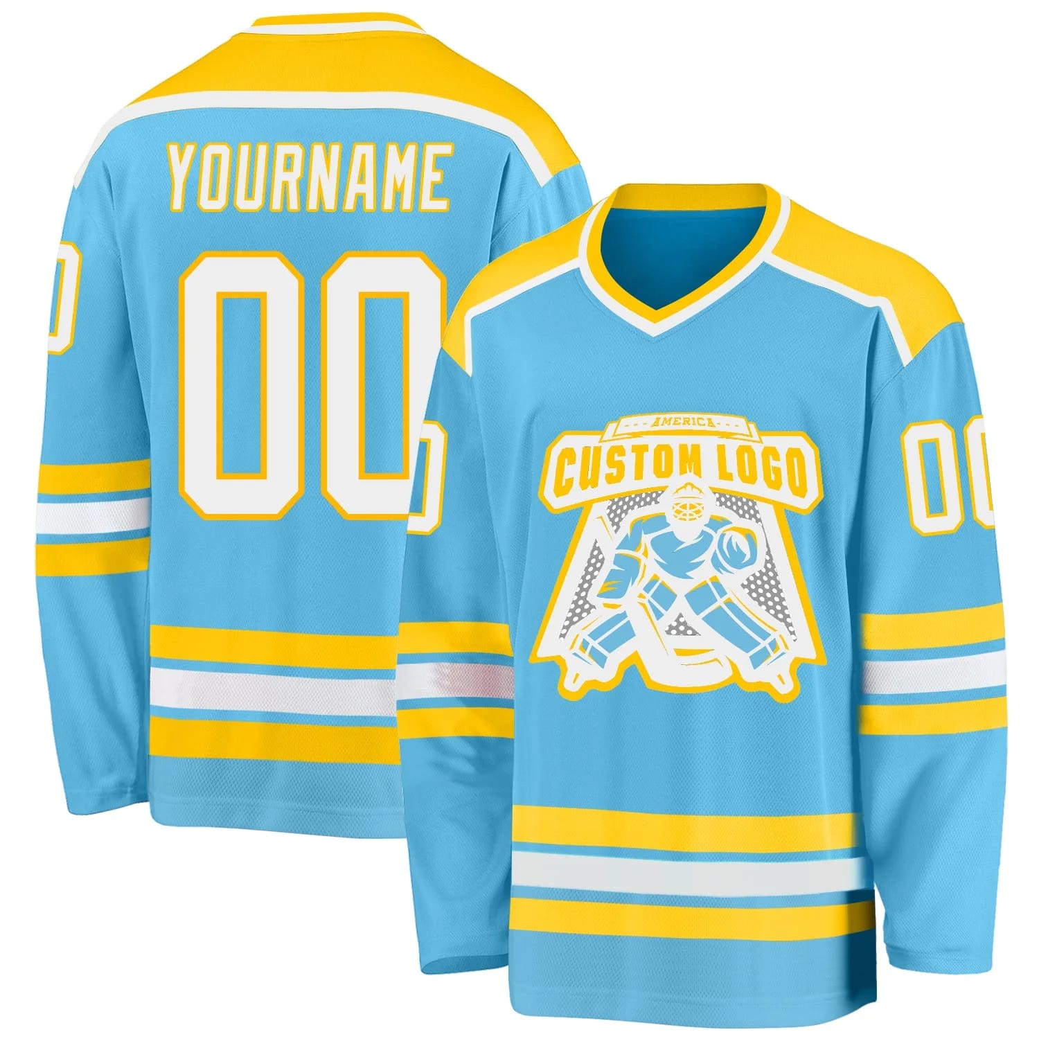 Stitched And Print Sky Blue White-gold Hockey Jersey Custom