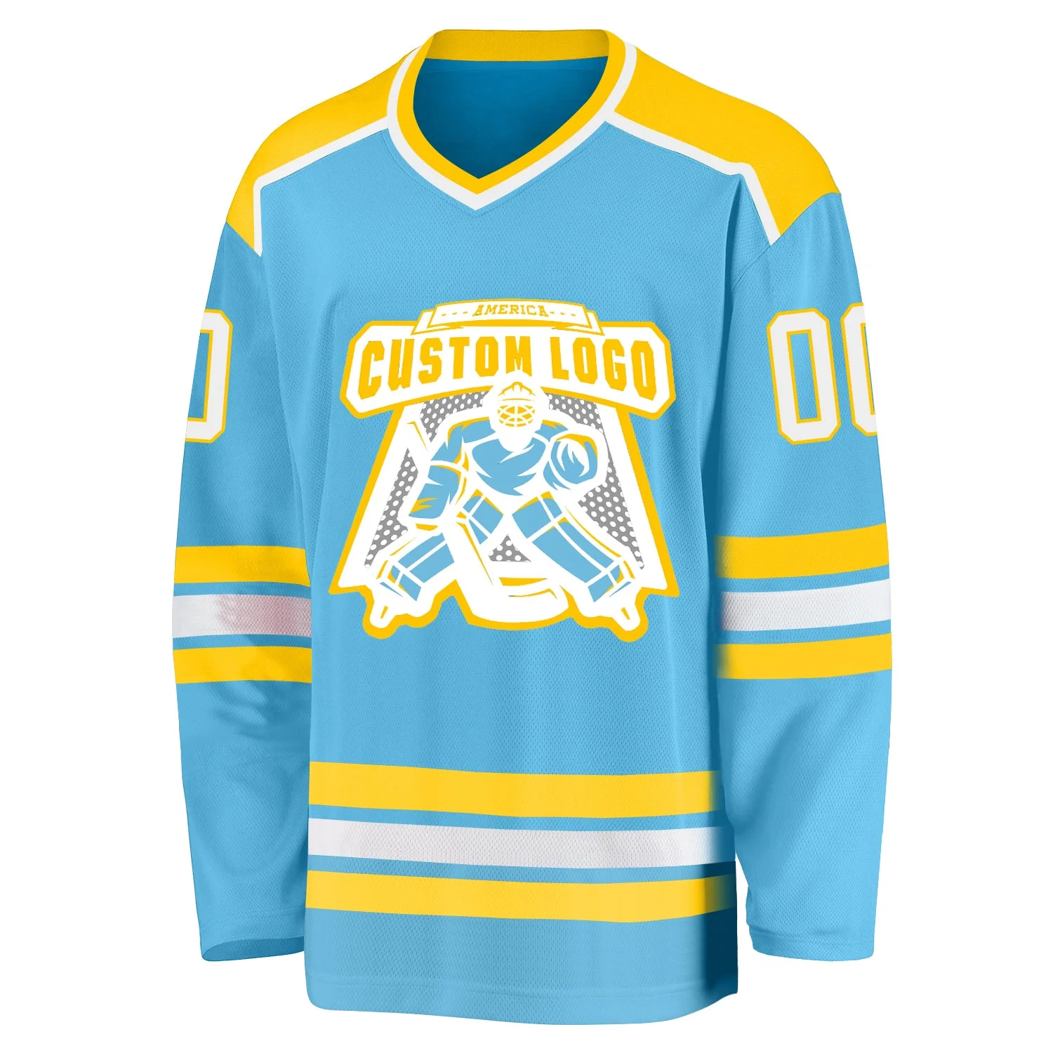 Inktee Store - Stitched And Print Sky Blue White-Gold Hockey Jersey Custom Image
