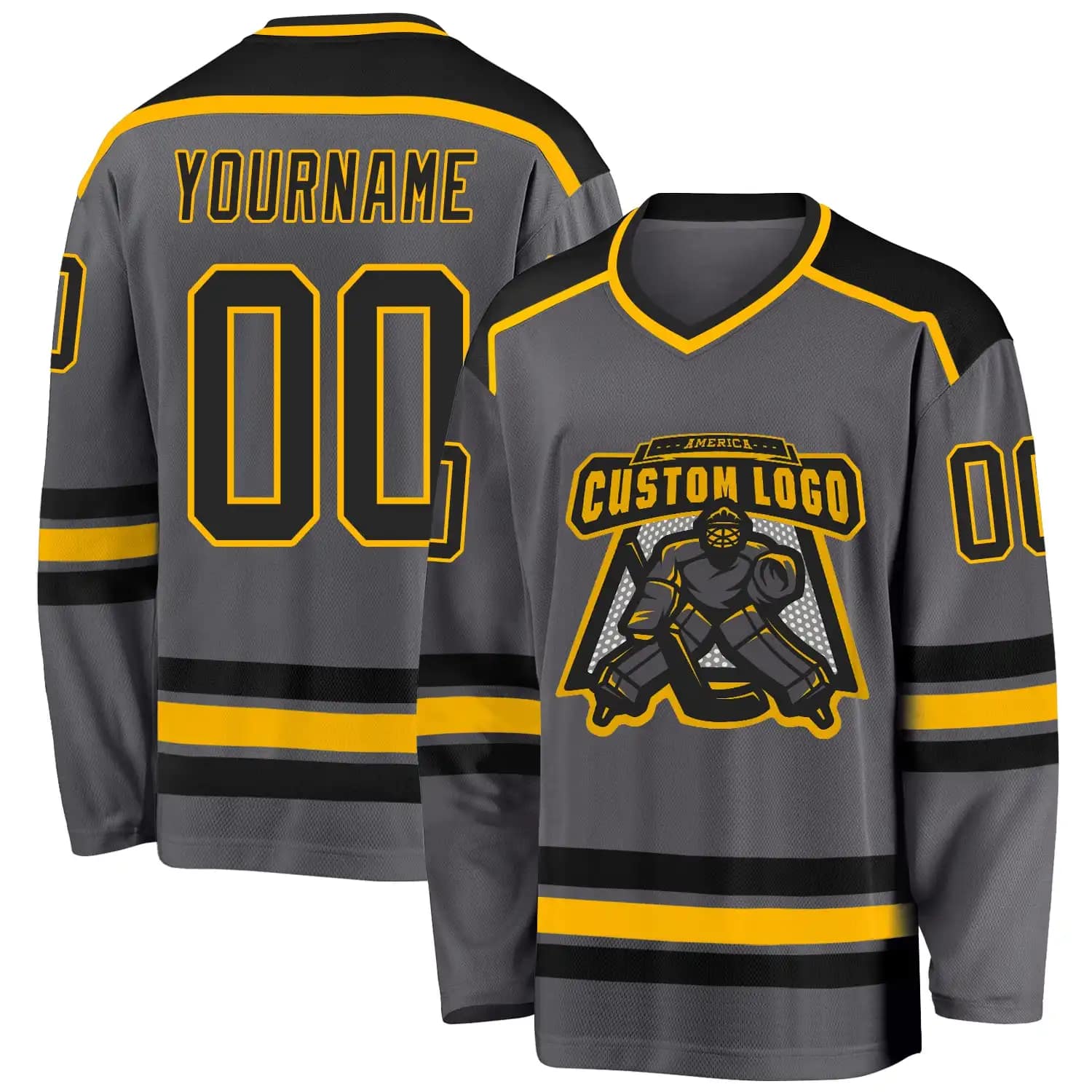 Stitched And Print Steel Gray Black-gold Hockey Jersey Custom