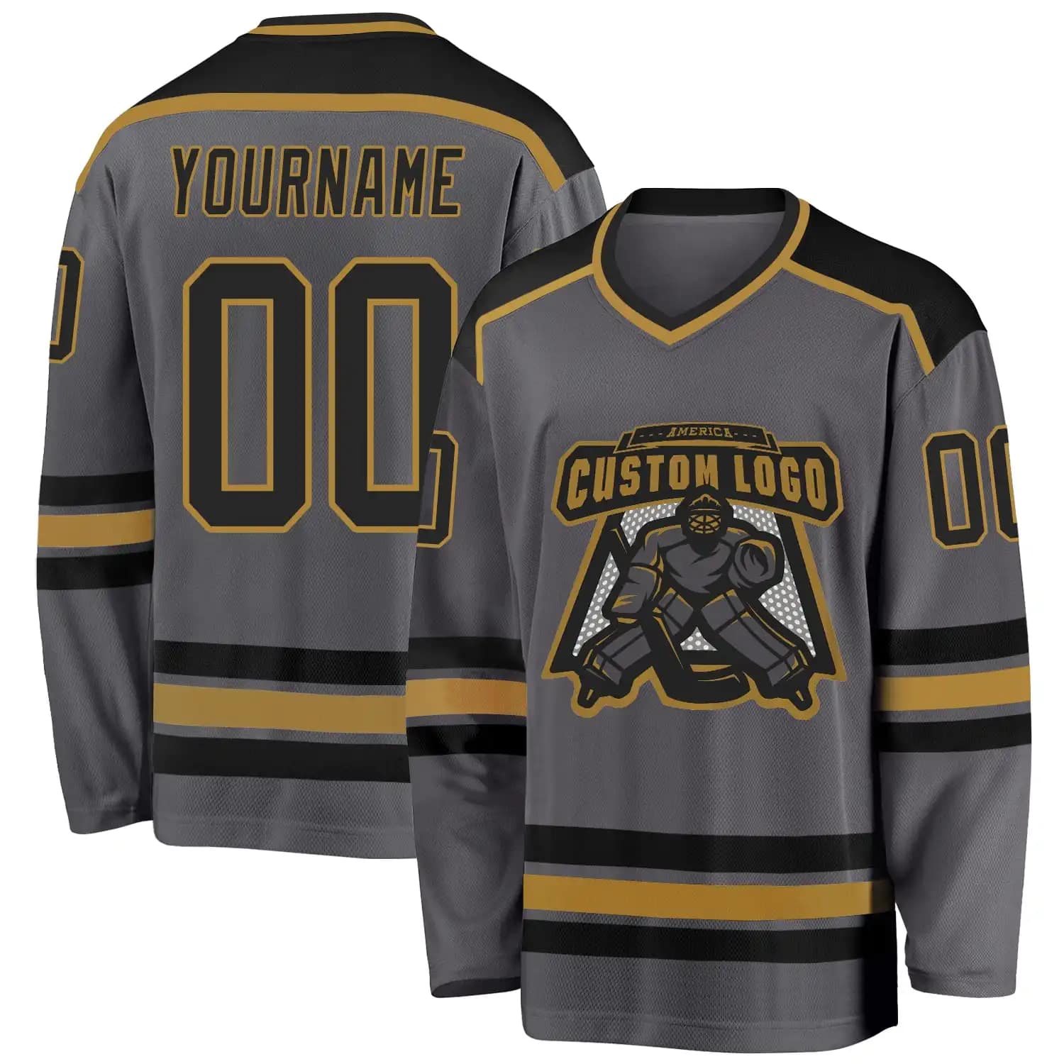 Stitched And Print Steel Gray Black-old Gold Hockey Jersey Custom