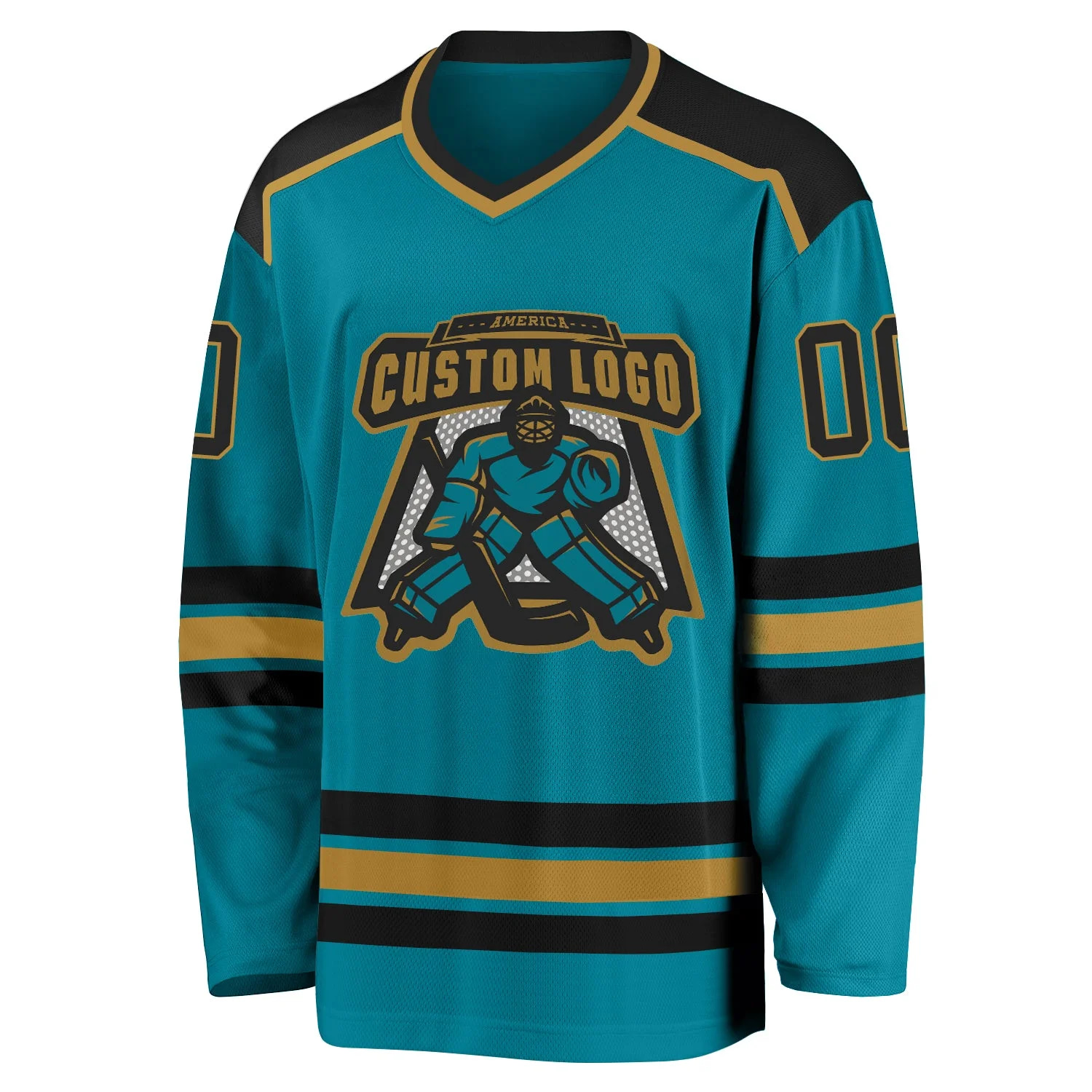 Inktee Store - Stitched And Print Teal Black-Old Gold Hockey Jersey Custom Image