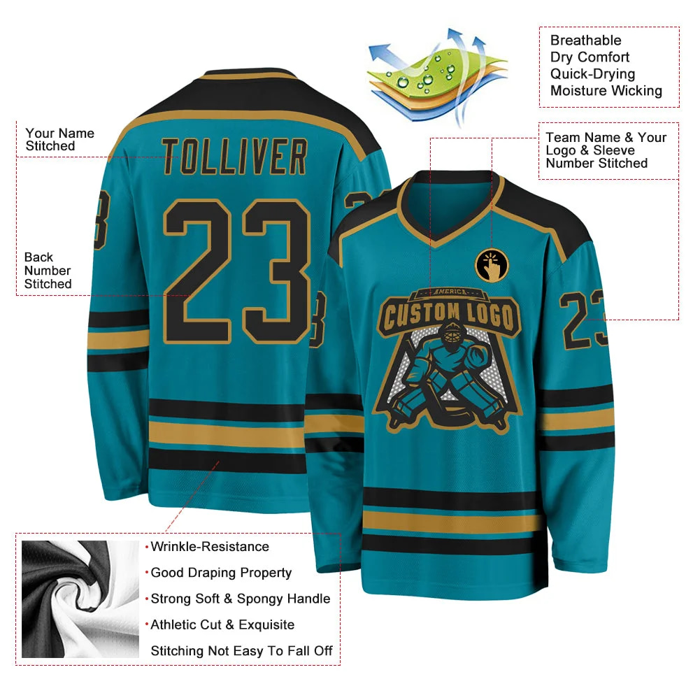 Inktee Store - Stitched And Print Teal Black-Old Gold Hockey Jersey Custom Image