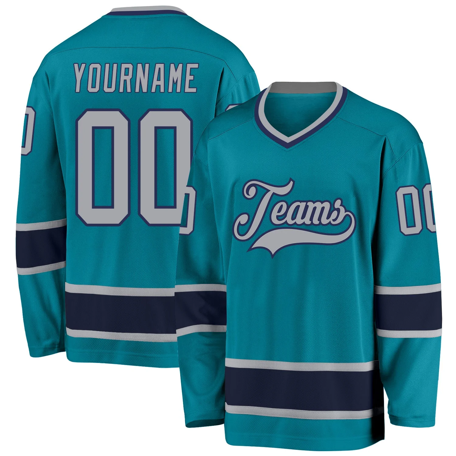 Stitched And Print Teal Gray-navy Hockey Jersey Custom