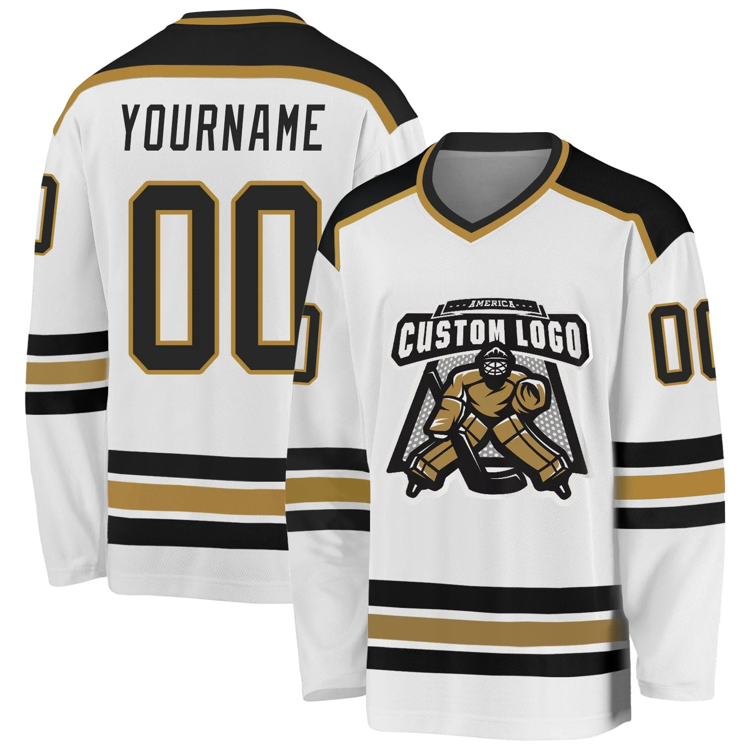 Stitched And Print White Black-old Gold Hockey Jersey Custom