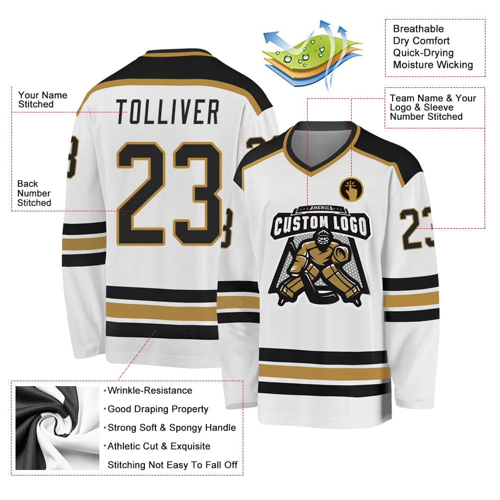 Inktee Store - Stitched And Print White Black-Old Gold Hockey Jersey Custom Image