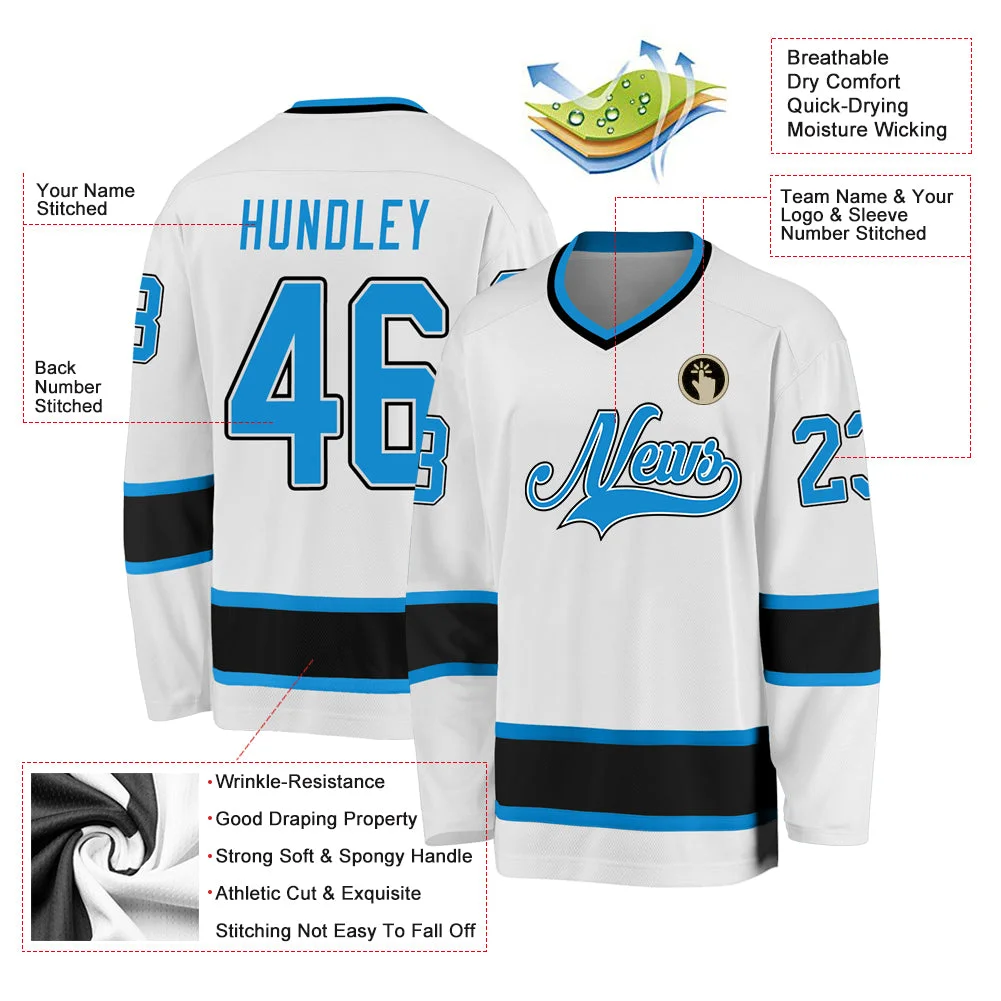 Inktee Store - Stitched And Print White Blue-Black Hockey Jersey Custom Image
