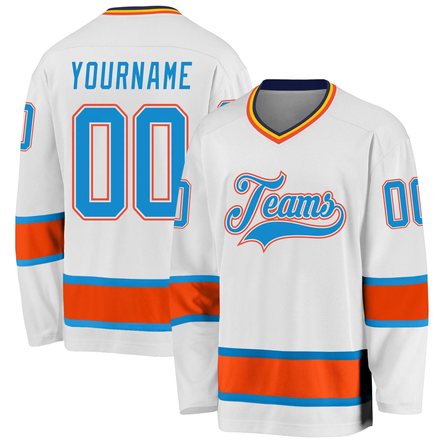 Stitched And Print White Blue-orange Hockey Jersey Custom