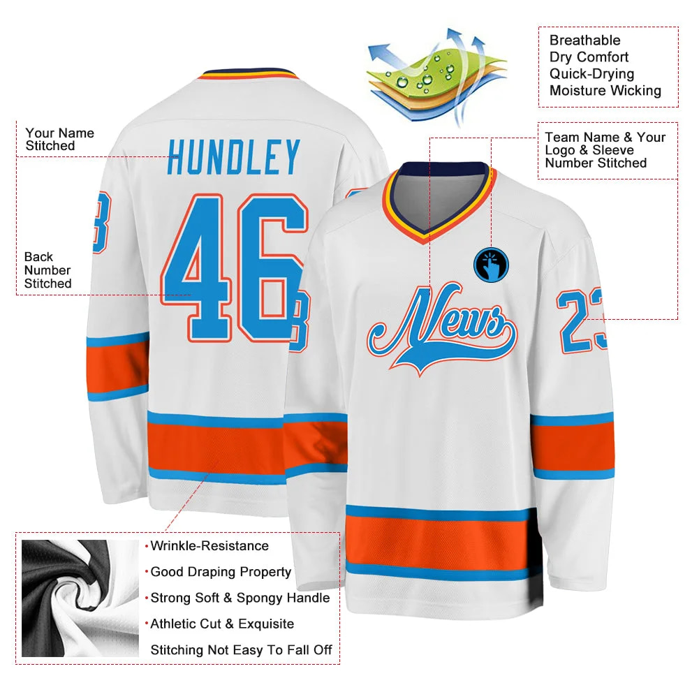 Inktee Store - Stitched And Print White Blue-Orange Hockey Jersey Custom Image