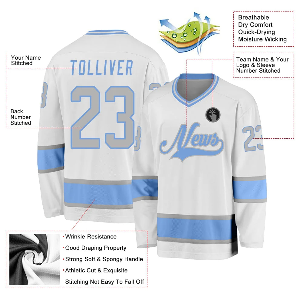 Inktee Store - Stitched And Print White Gray-Light Blue Hockey Jersey Custom Image