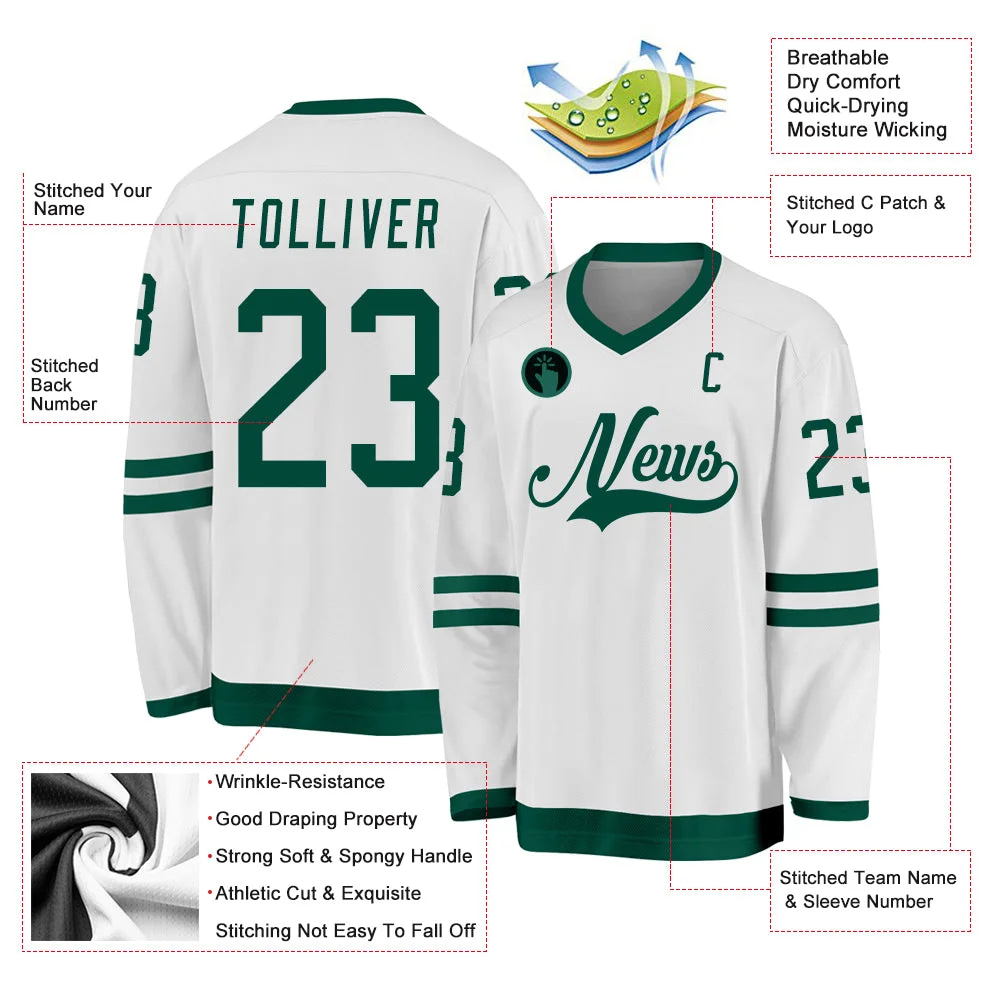 Inktee Store - Stitched And Print White Green Hockey Jersey Custom Image