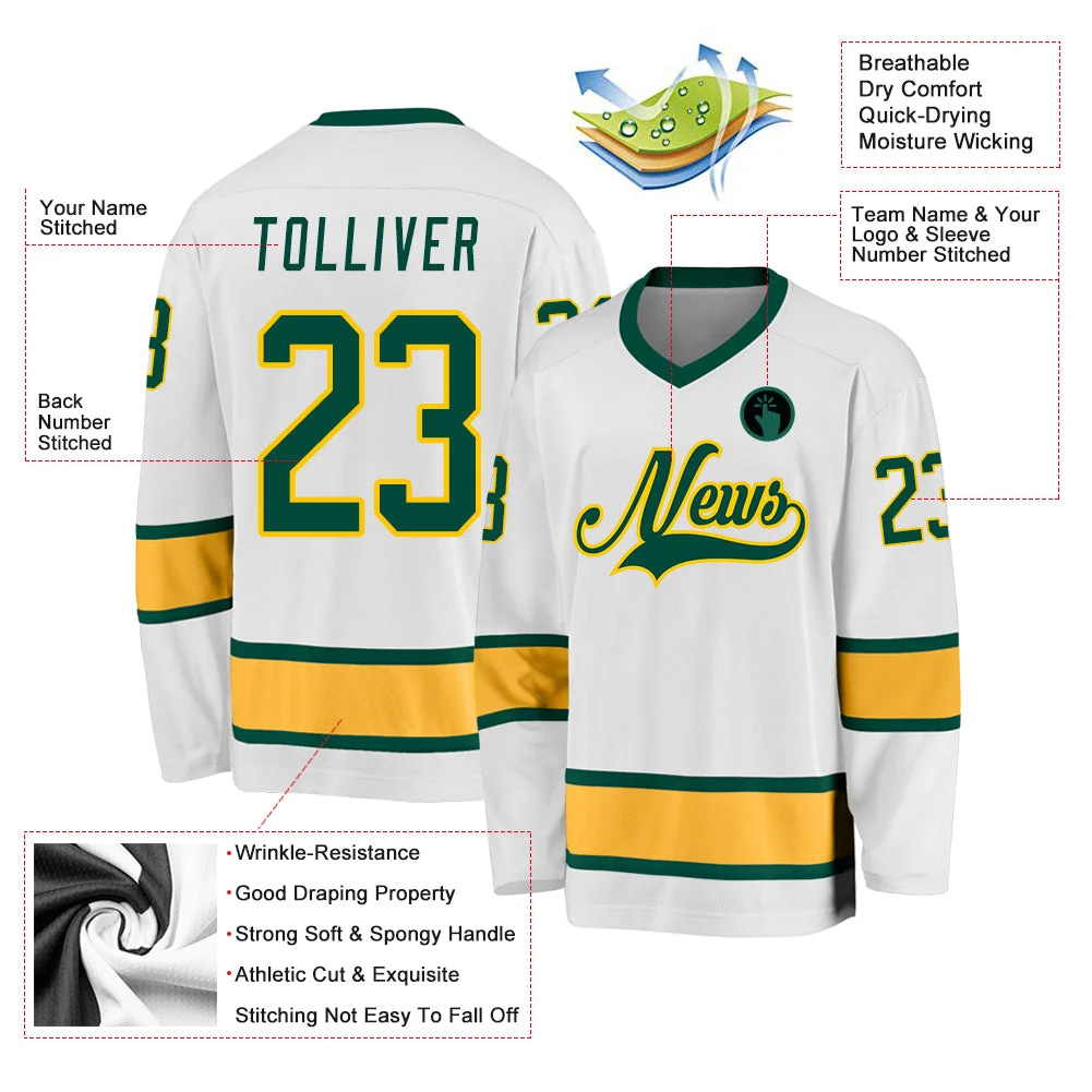 Inktee Store - Stitched And Print White Green-Gold Hockey Jersey Custom Image