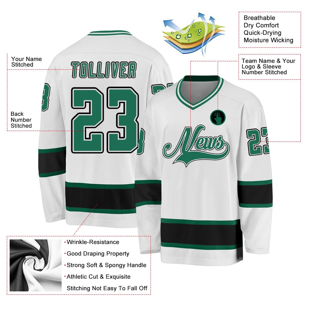 Inktee Store - Stitched And Print White Kelly Green-Black Hockey Jersey Custom Image