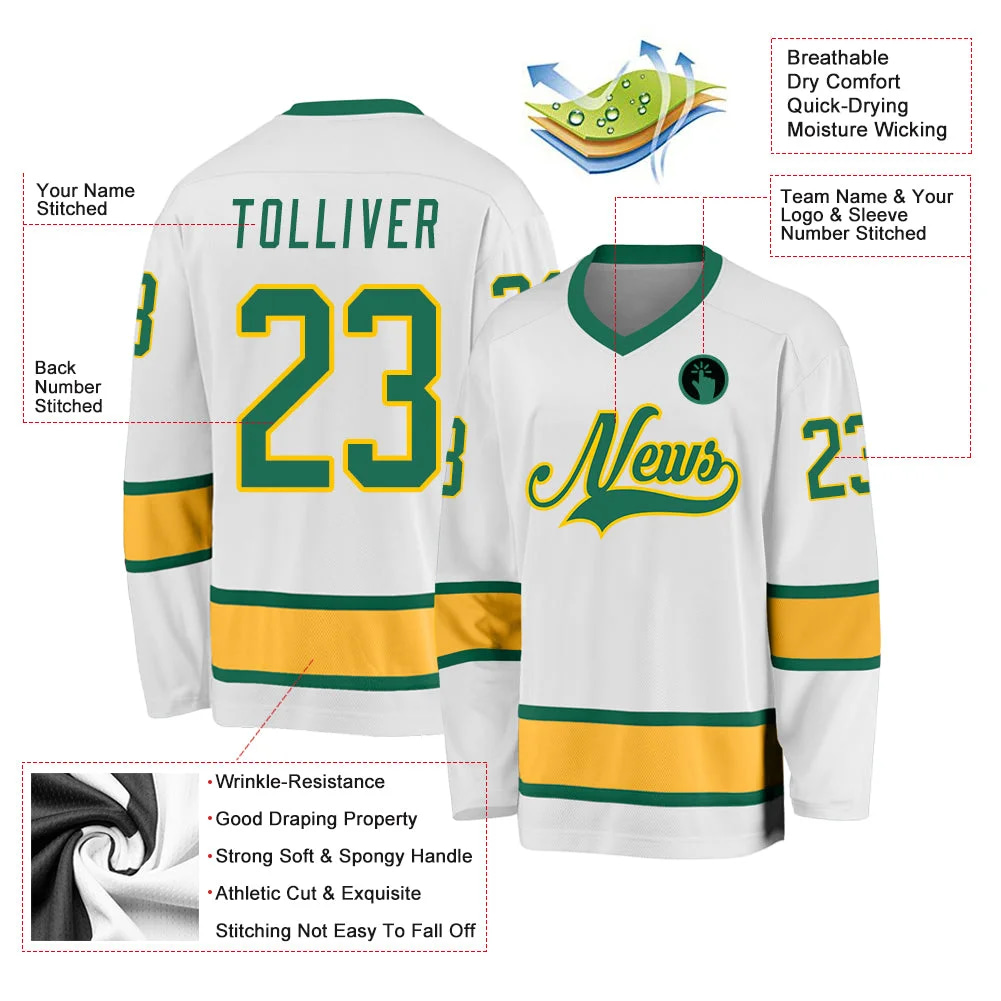 Inktee Store - Stitched And Print White Kelly Green-Gold Hockey Jersey Custom Image