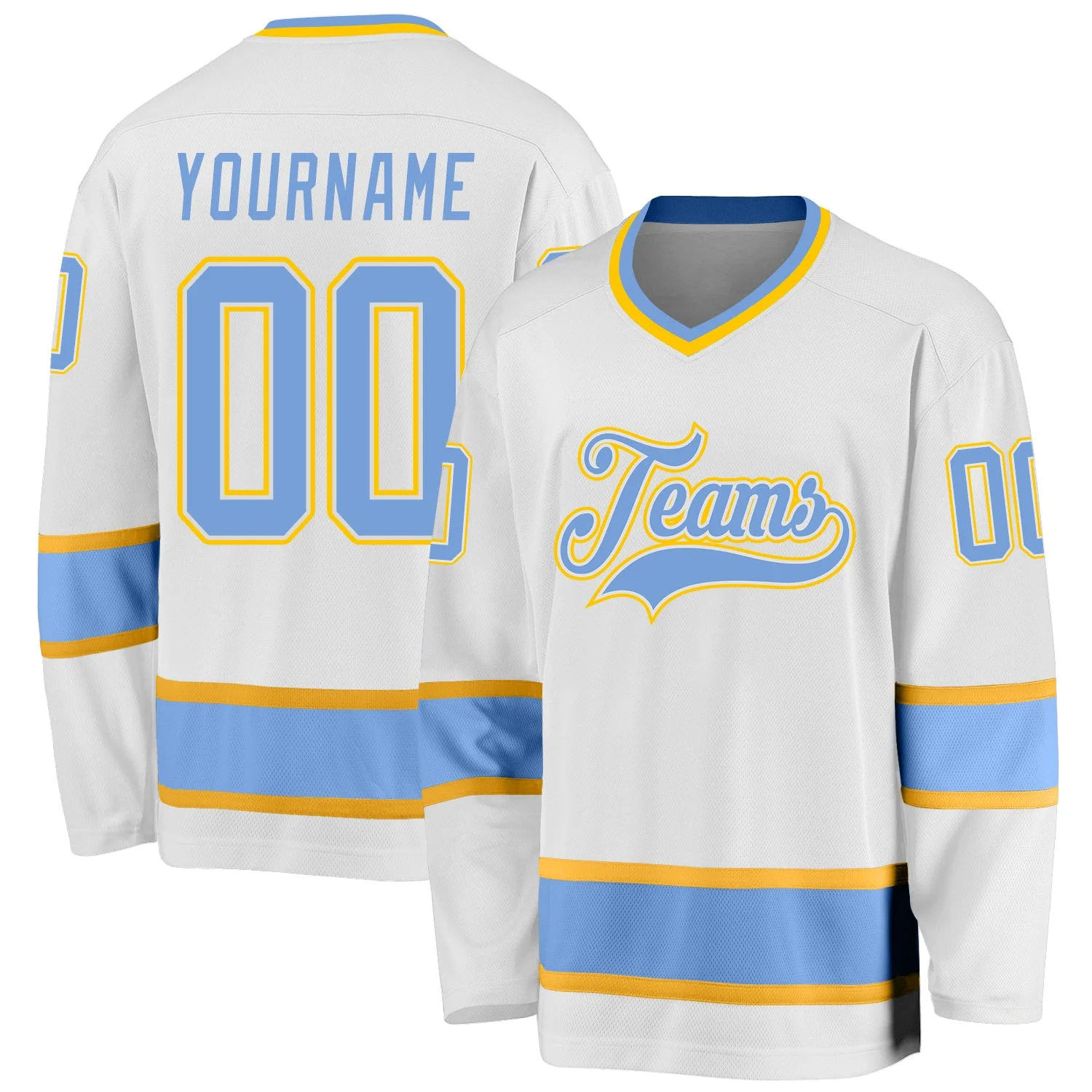 Stitched And Print White Light Blue-gold Hockey Jersey Custom