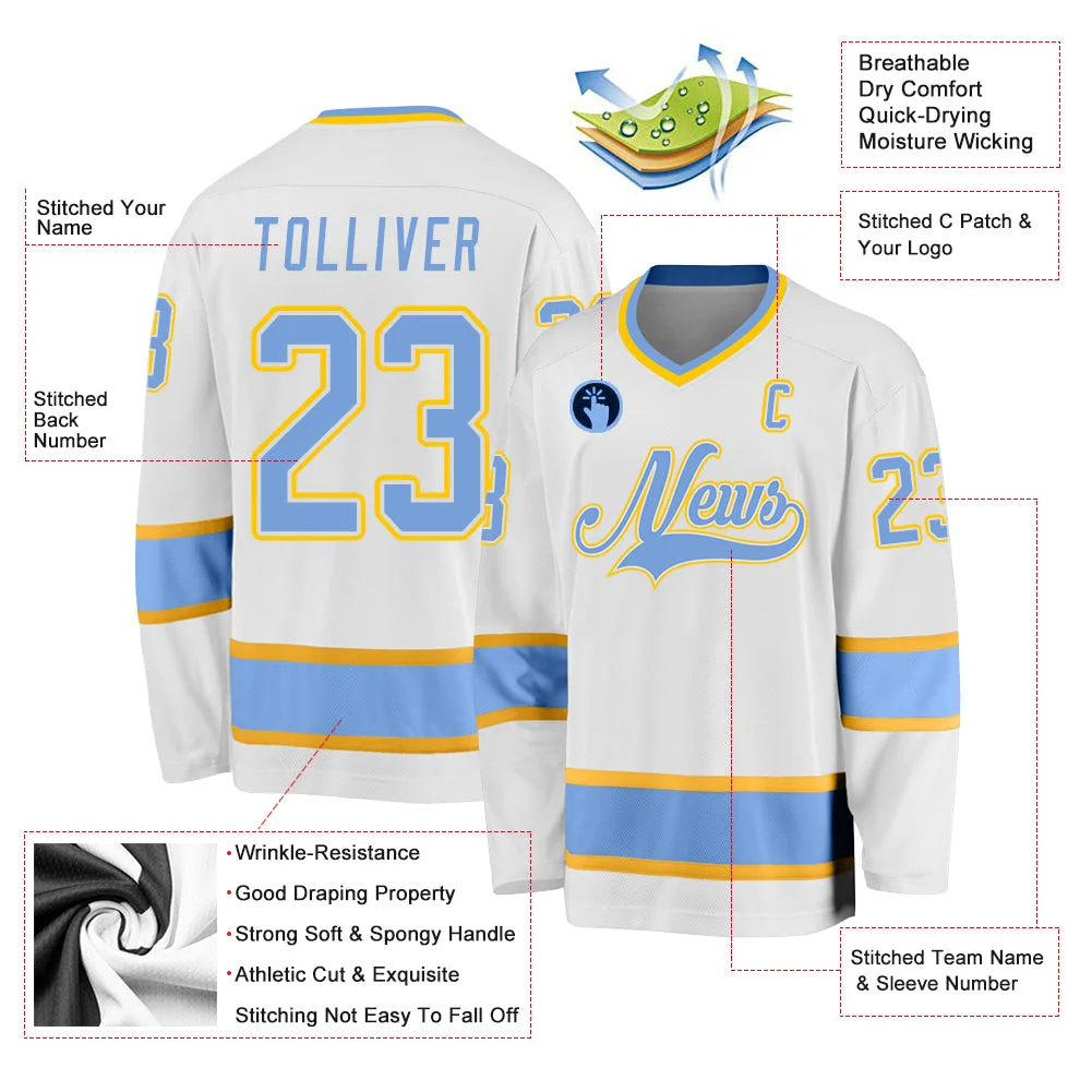 Inktee Store - Stitched And Print White Light Blue-Gold Hockey Jersey Custom Image