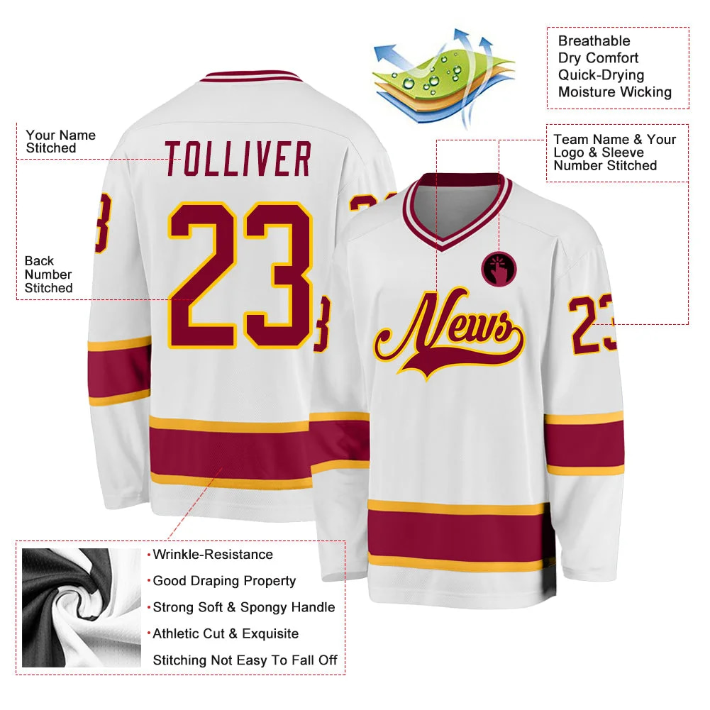 Inktee Store - Stitched And Print White Maroon-Gold Hockey Jersey Custom Image