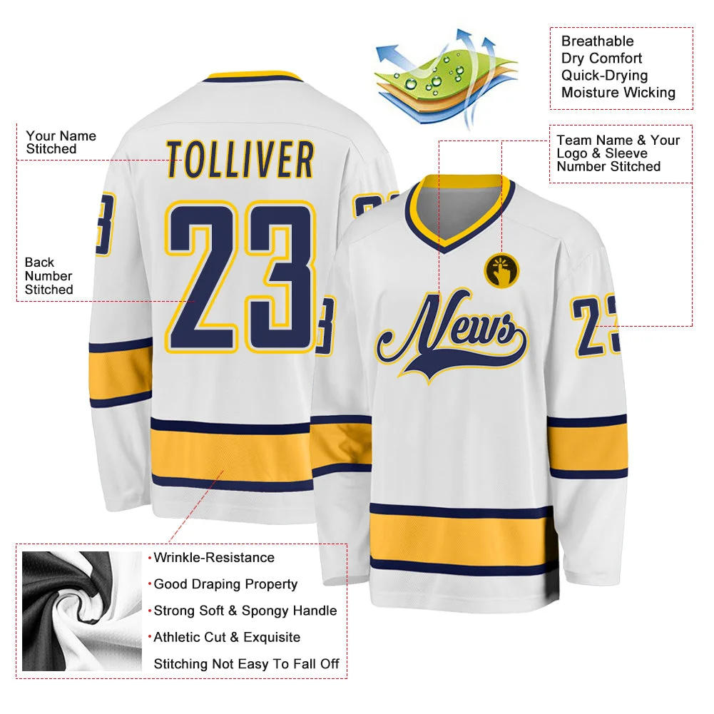 Inktee Store - Stitched And Print White Navy-Gold Hockey Jersey Custom Image