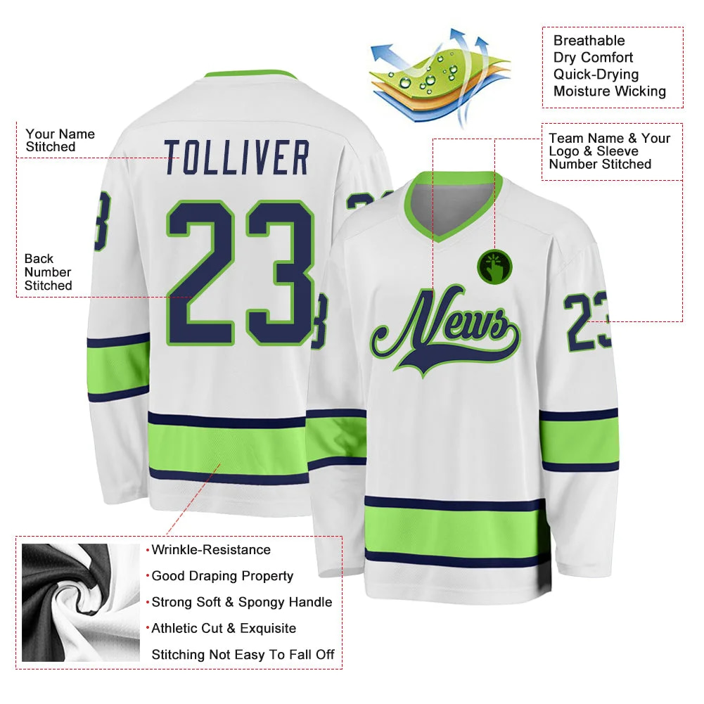 Inktee Store - Stitched And Print White Navy-Neon Green Hockey Jersey Custom Image