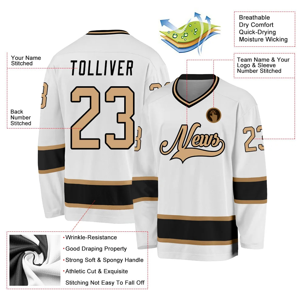 Inktee Store - Stitched And Print White Old Gold-Black Hockey Jersey Custom Image