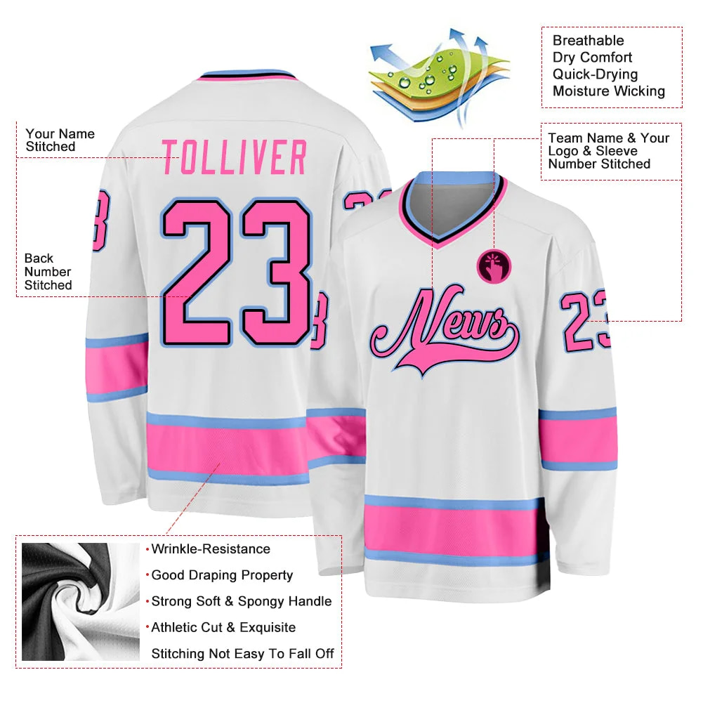 Inktee Store - Stitched And Print White Pink-Light Blue Hockey Jersey Custom Image