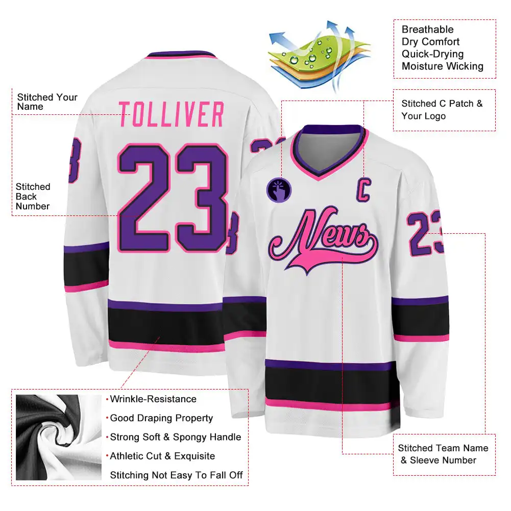 Inktee Store - Stitched And Print White Purple Black-Pink Hockey Jersey Custom Image