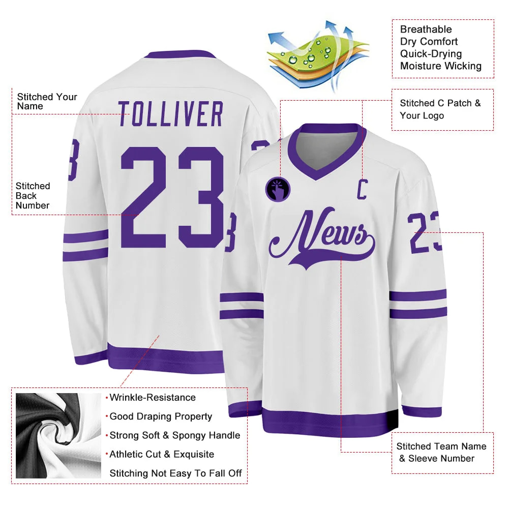 Inktee Store - Stitched And Print White Purple Hockey Jersey Custom Image
