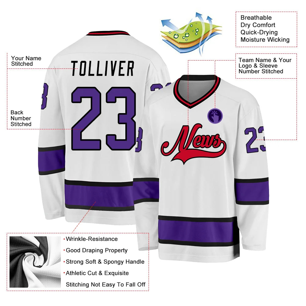 Inktee Store - Stitched And Print White Purple-Black Hockey Jersey Custom Image