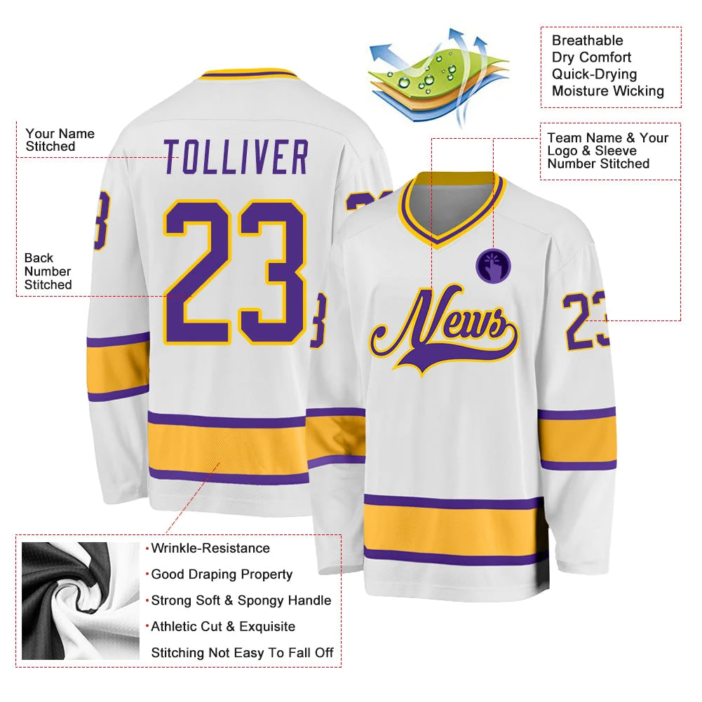 Inktee Store - Stitched And Print White Purple-Gold Hockey Jersey Custom Image