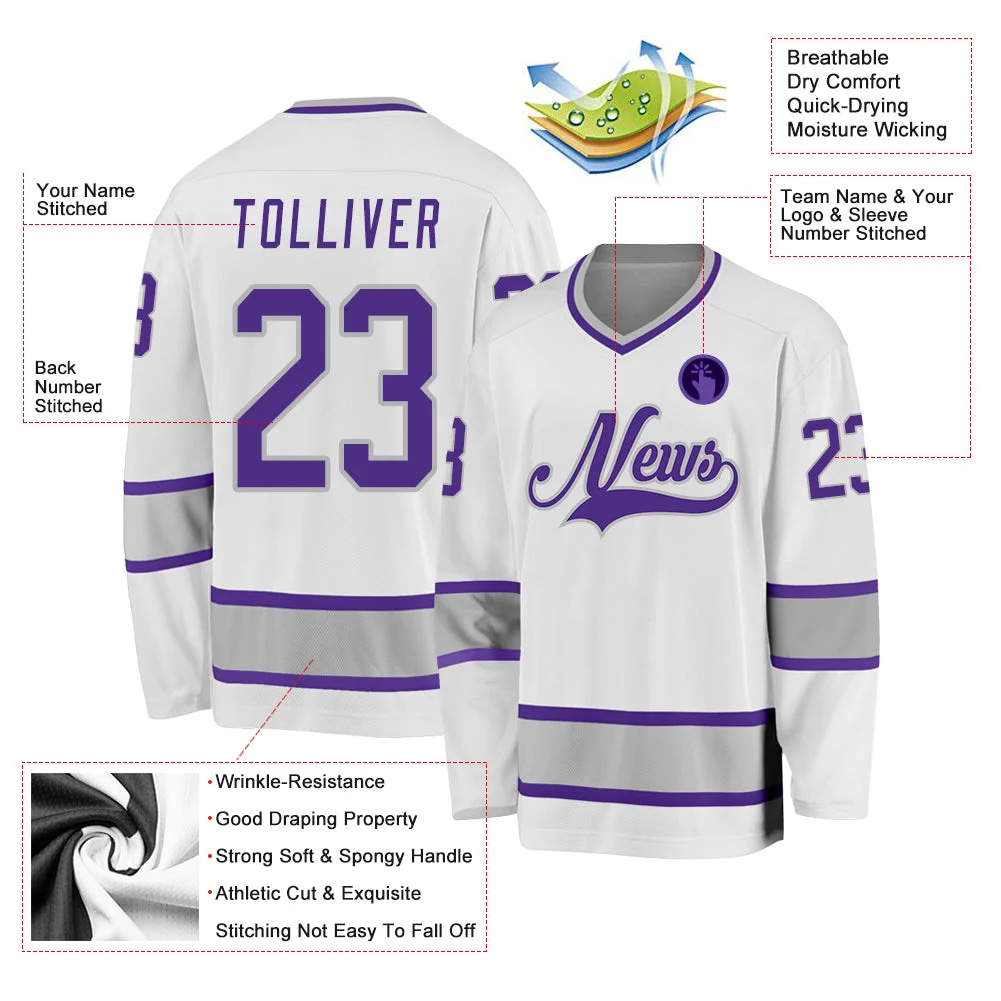 Inktee Store - Stitched And Print White Purple-Gray Hockey Jersey Custom Image