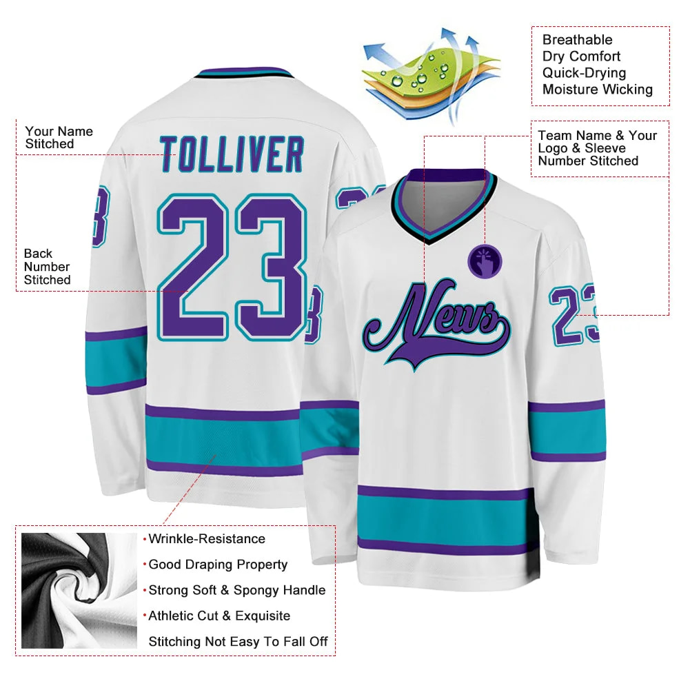 Inktee Store - Stitched And Print White Purple-Teal Hockey Jersey Custom Image