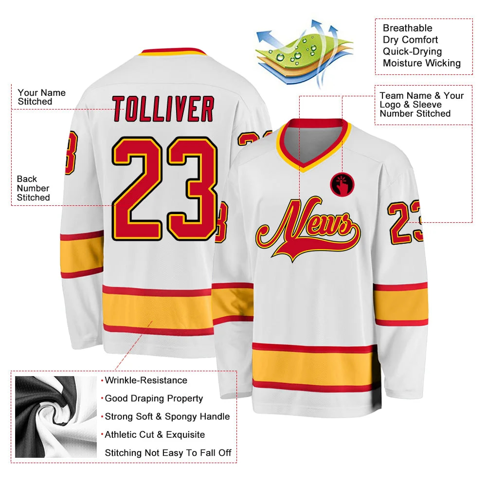 Inktee Store - Stitched And Print White Red-Gold Hockey Jersey Custom Image