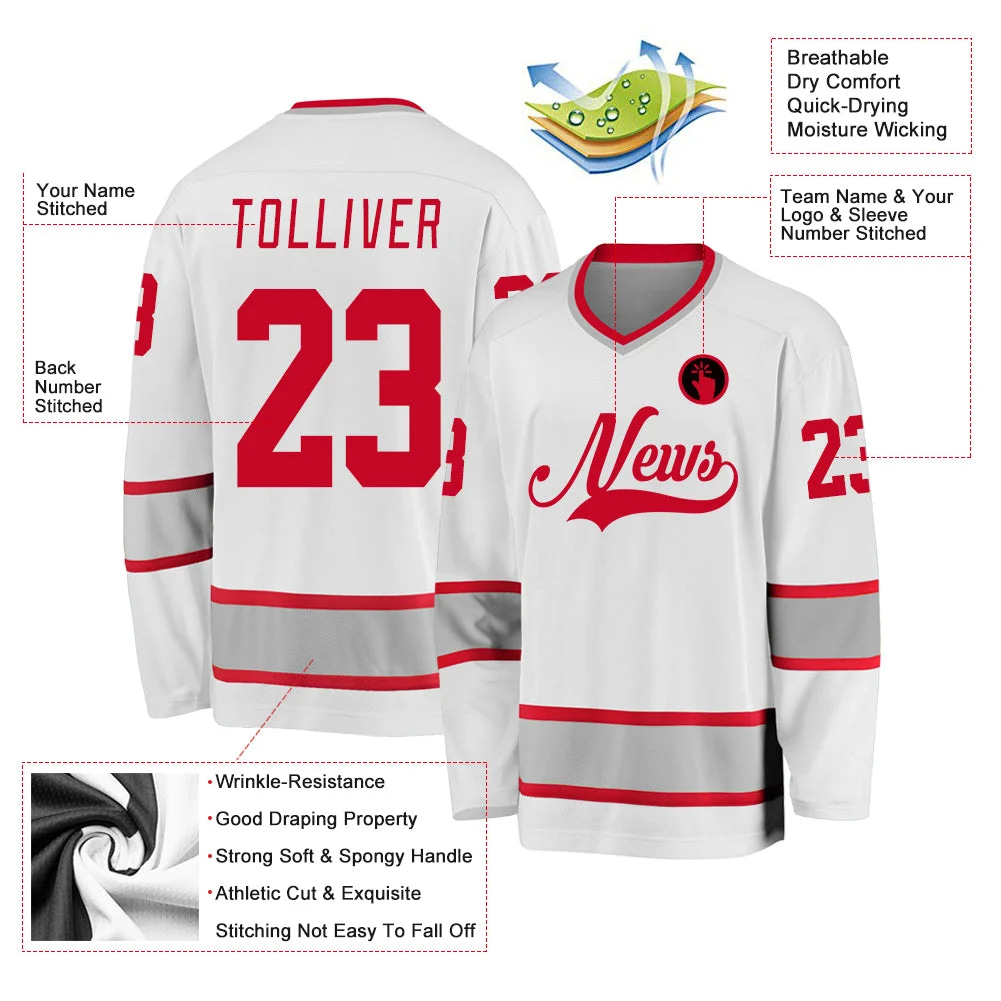 Inktee Store - Stitched And Print White Red-Gray Hockey Jersey Custom Image