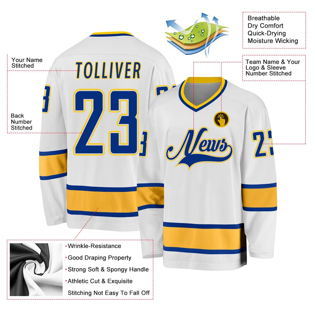 Inktee Store - Stitched And Print White Royal-Gold Hockey Jersey Custom Image