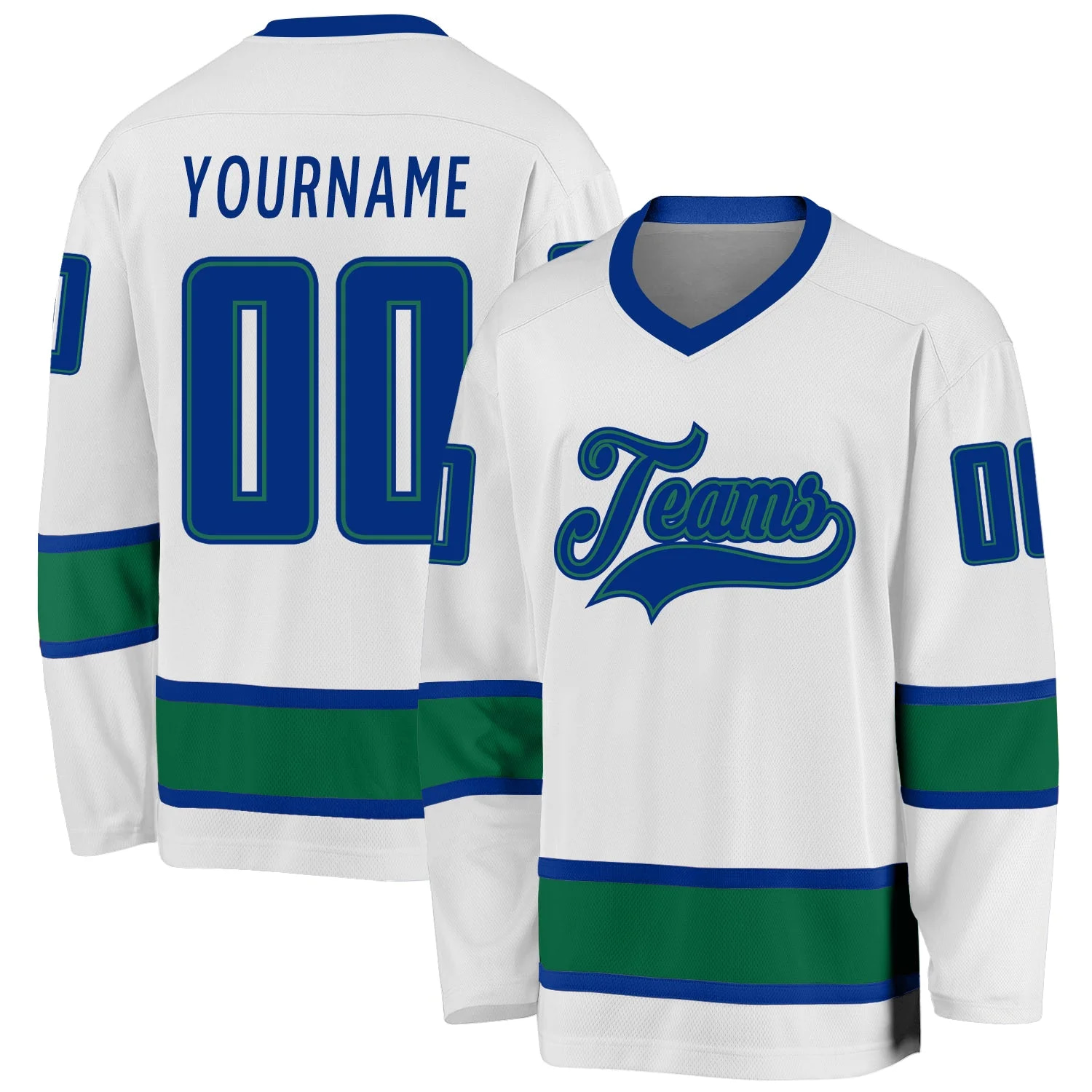 Stitched And Print White Royal-kelly Green Hockey Jersey Custom