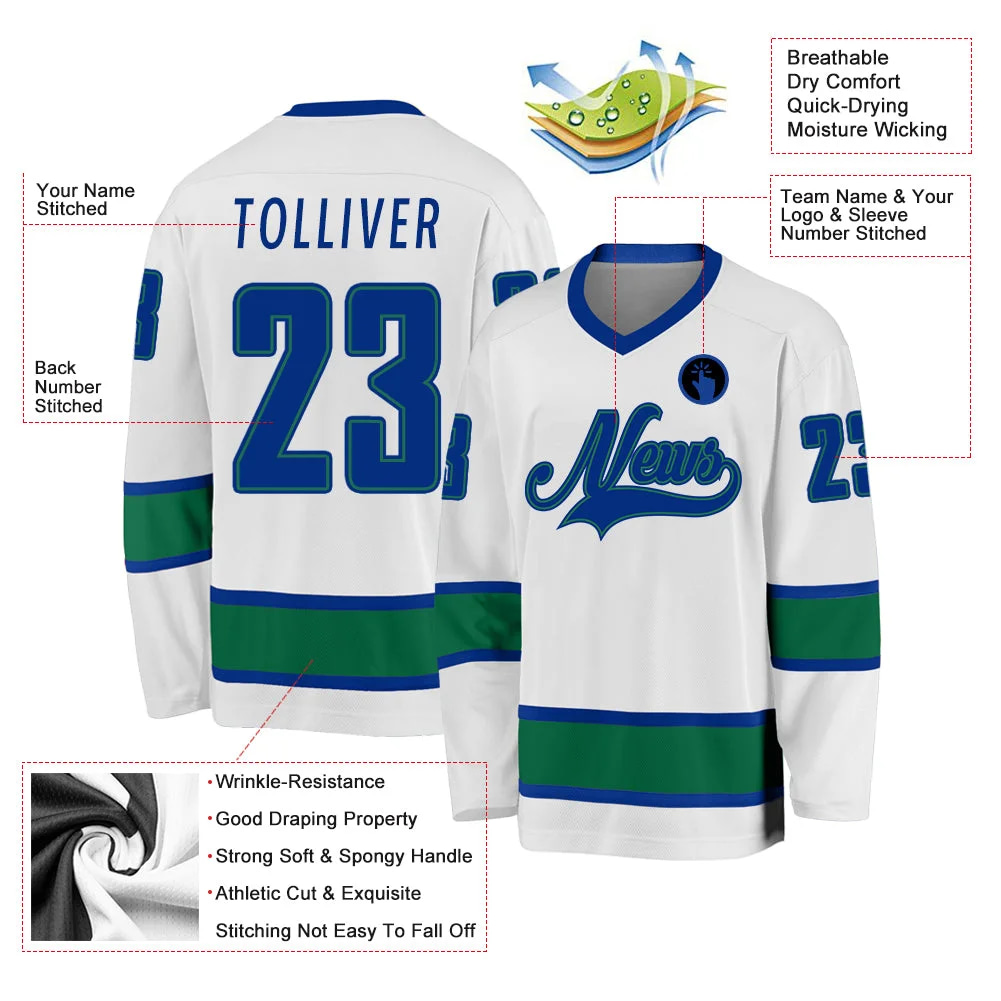 Inktee Store - Stitched And Print White Royal-Kelly Green Hockey Jersey Custom Image