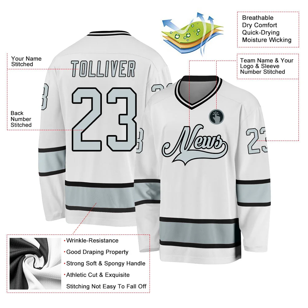 Inktee Store - Stitched And Print White Silver-Black Hockey Jersey Custom Image
