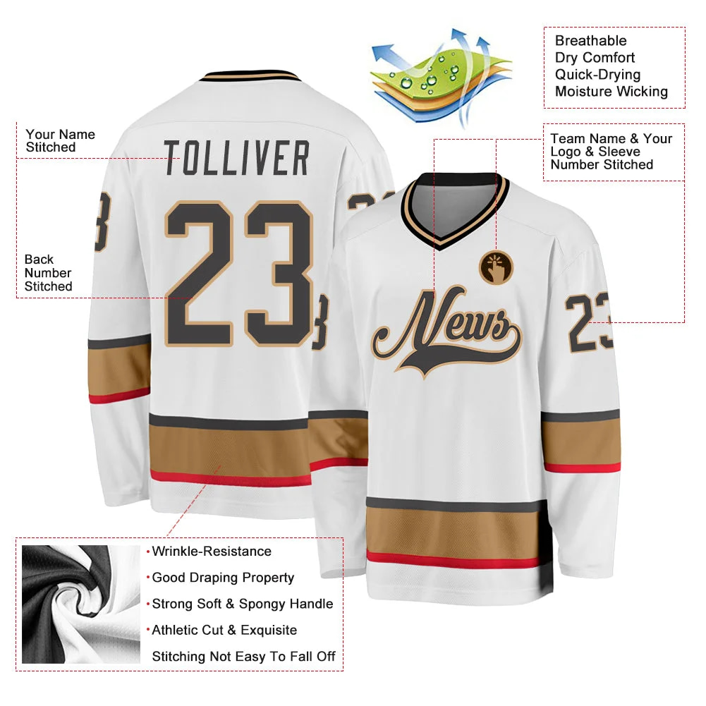Inktee Store - Stitched And Print White Steel Gray-Old Gold Hockey Jersey Custom Image