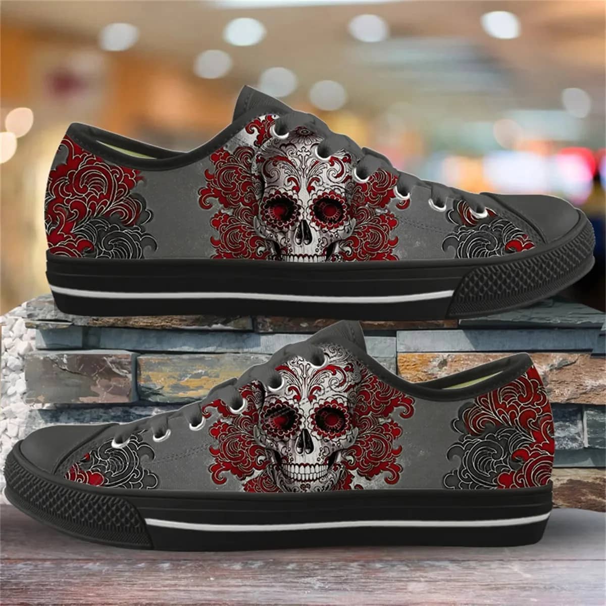 Gothic Skull Print Lace Up Style 1 Custom Amazon Low Top Shoes