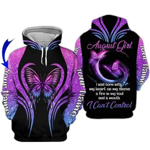 Custom Personalized Birthday August Girl Butterfly Pullover 3D Hoodie